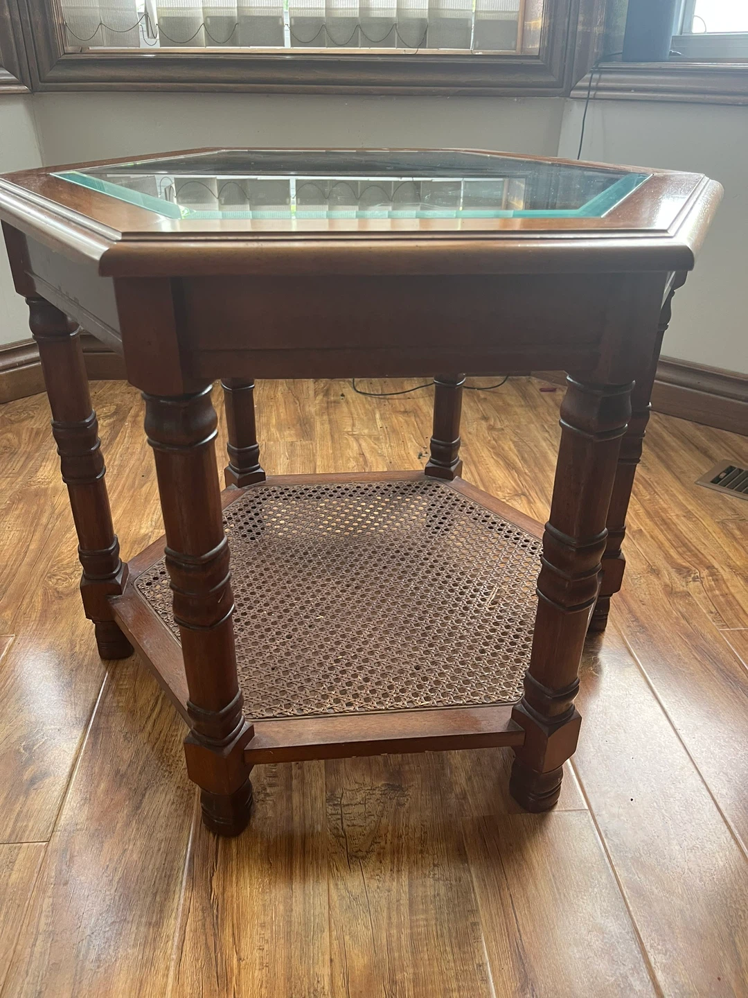 2 Hexagonal End Table with Glass Top and Cane Shelf