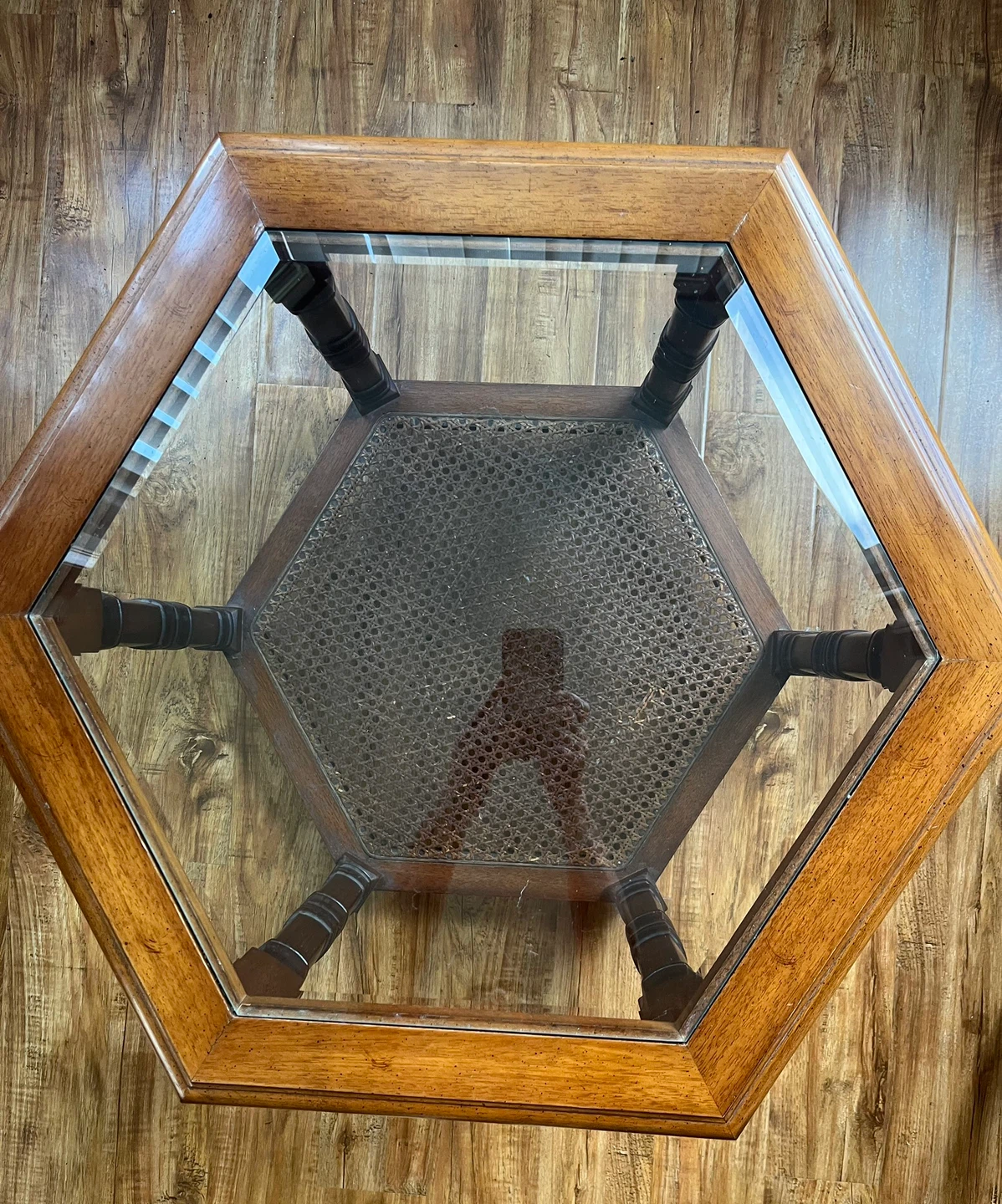 2 Hexagonal End Table with Glass Top and Cane Shelf - photo 2