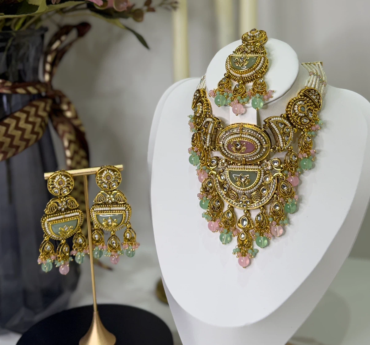 Gold Tone Necklace and Earrings Set with Green and Pink Stones