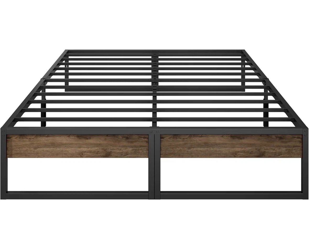 Industrial Style Metal Bed Frame with Wood Panels