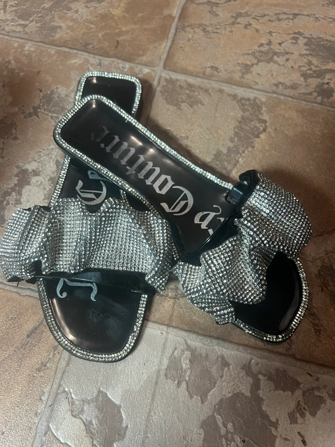 Juicy Couture Black Rhinestone Bow Slides size 6