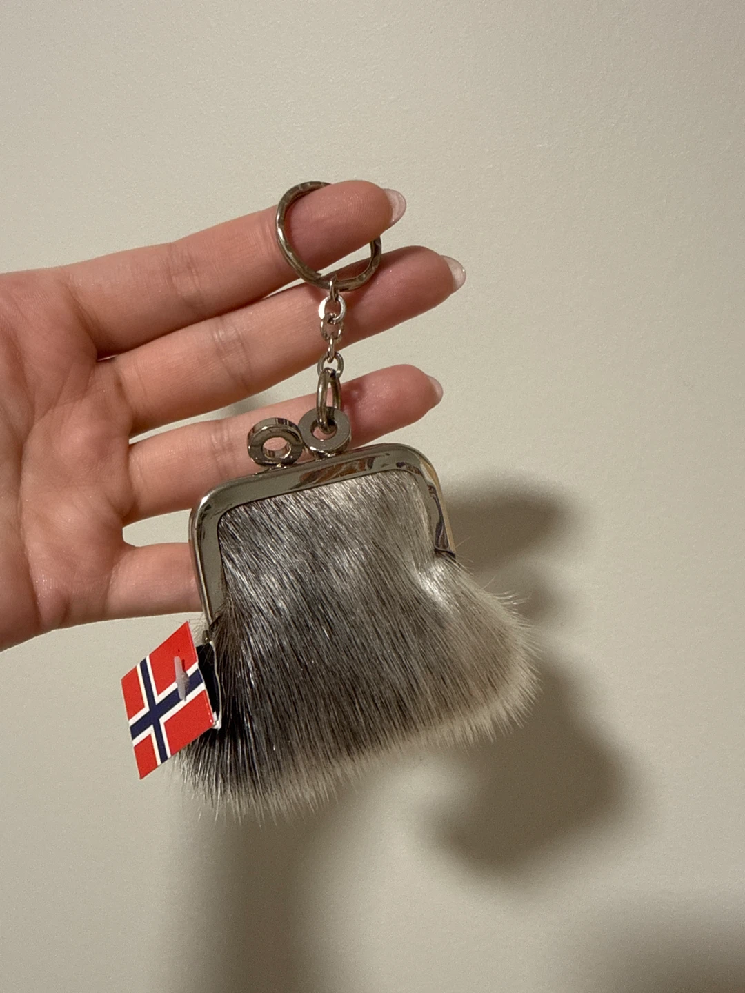 Faux Fur Coin Purse Keychain with Norwegian Flag Charm