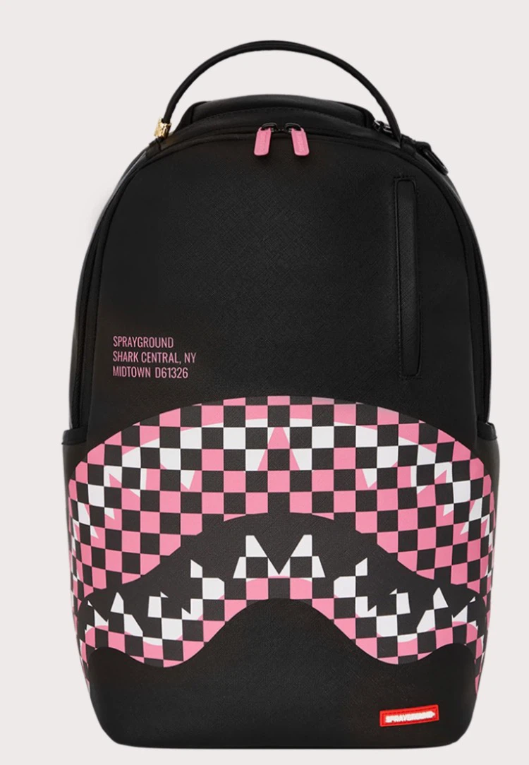 Sprayground Black Backpack with Pink Checkerboard Shark Mouth