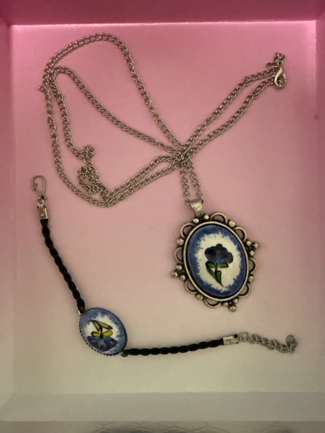 Silver-tone Floral Pendant Necklace and Bracelet Set