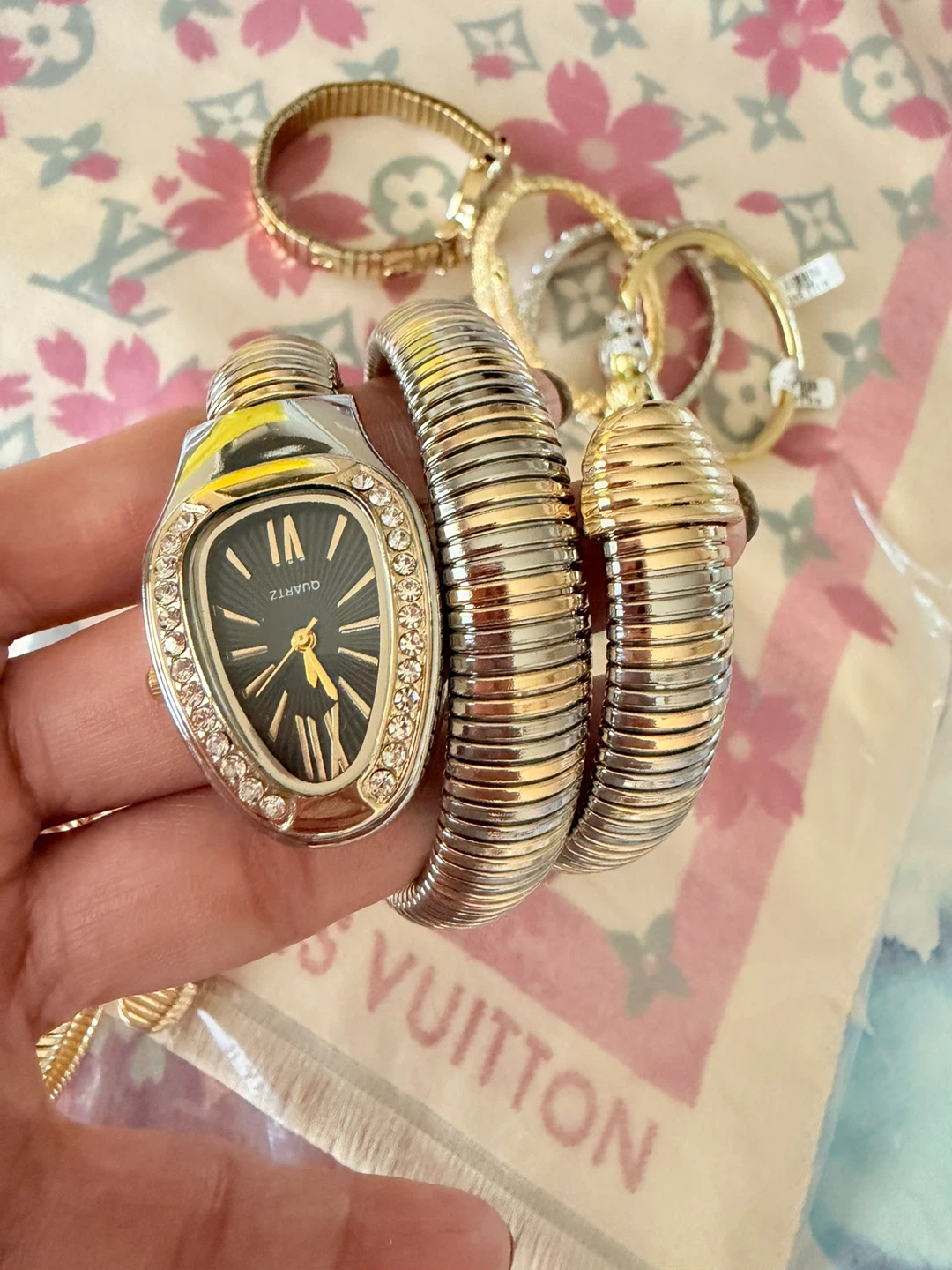 Gold Tone Snake Watch with Rhinestone Bezel - photo 2