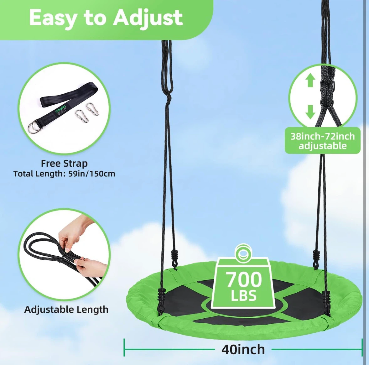 Brand new 40" Green Saucer Swing with Rope & Bonus Hooks - photo 2
