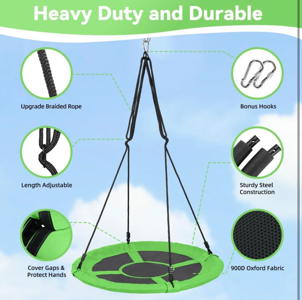 Brand new 40" Green Saucer Swing with Rope & Bonus Hooks - photo 4