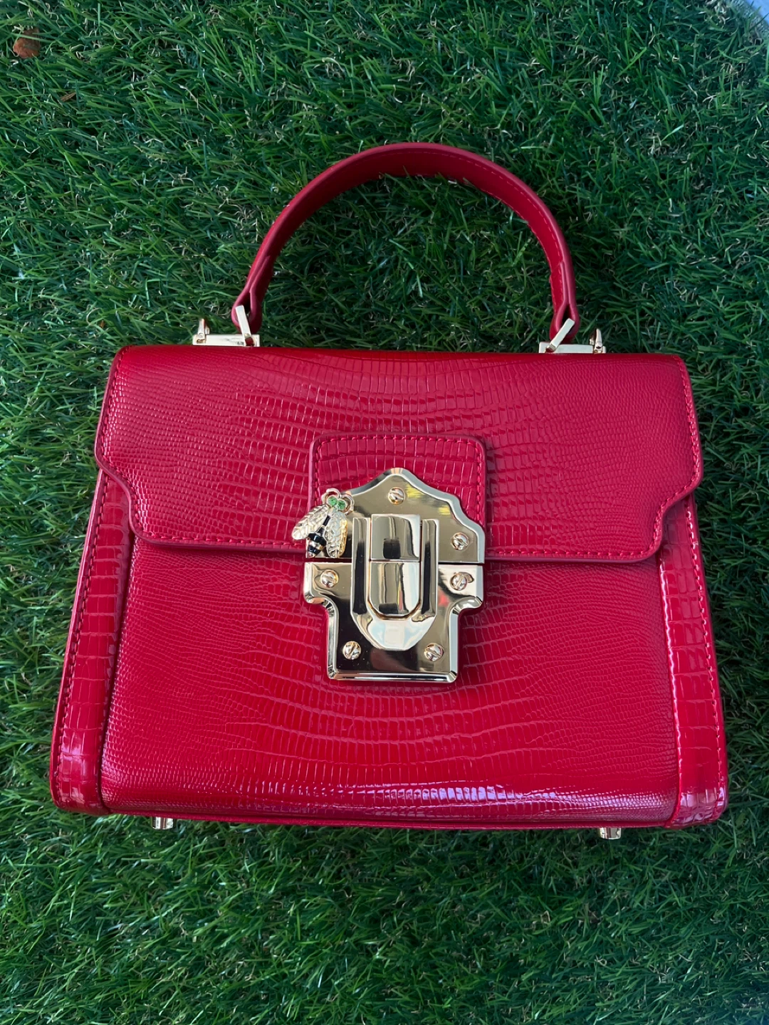 LA FESTIN Red Textured Handbag with Bee Clasp