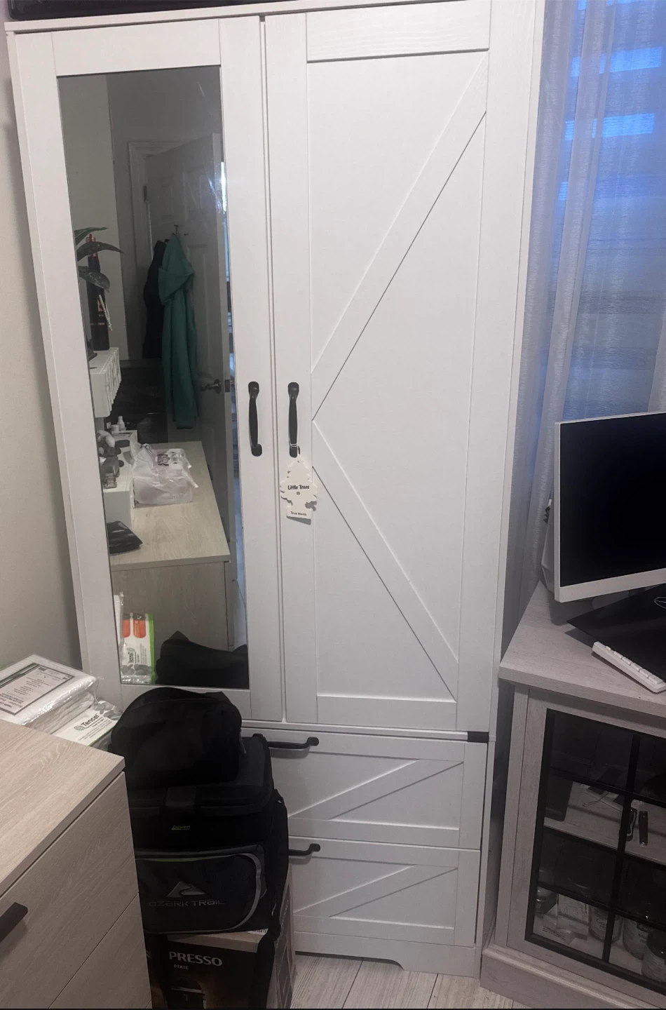 White Barn Door Style Wardrobe with Mirror 250$