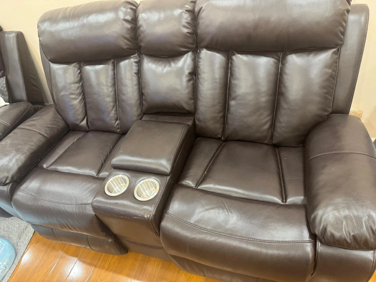 Brown Leather Loveseat Recliner with Cup Holders - photo 2