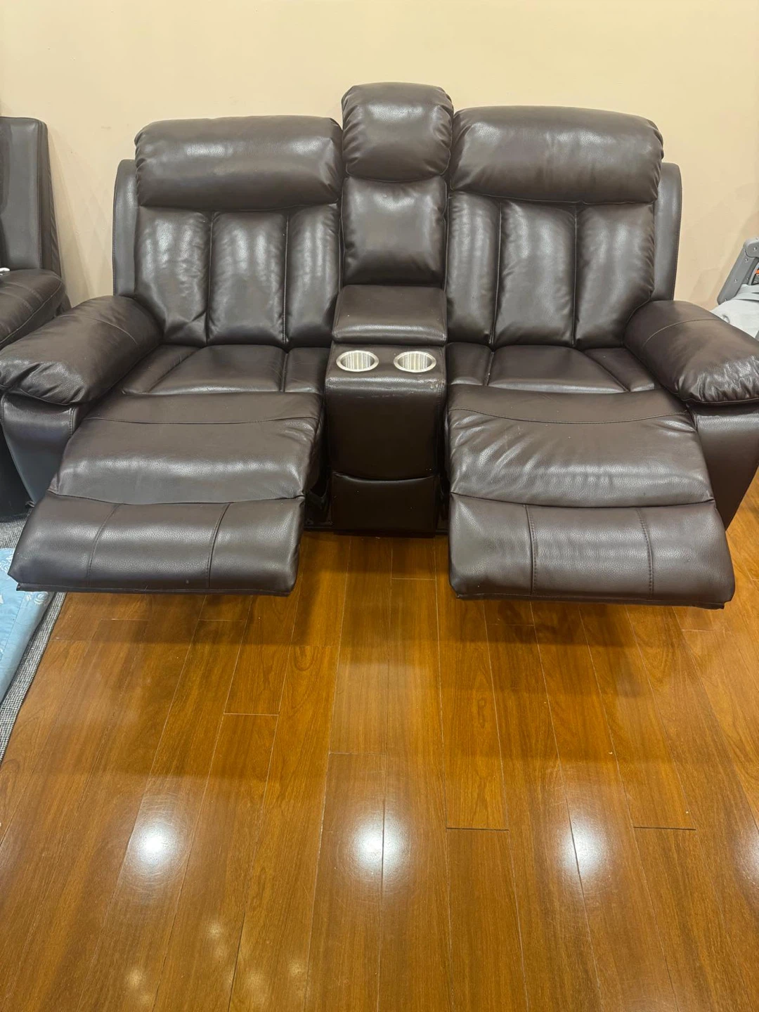 Brown Leather Loveseat Recliner with Cup Holders - photo 3