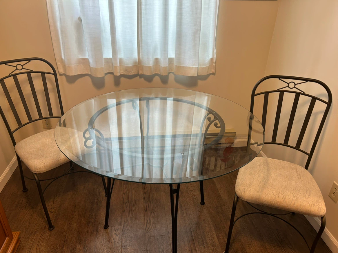 Glass dining table and four dining chairs