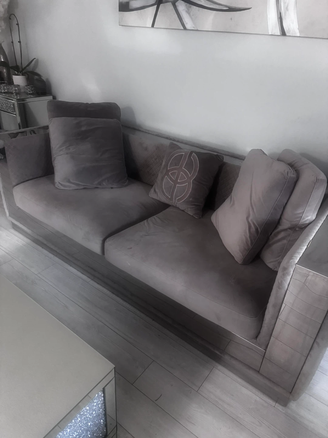 Grey Velvet Sofa with Decorative Pillows 200$