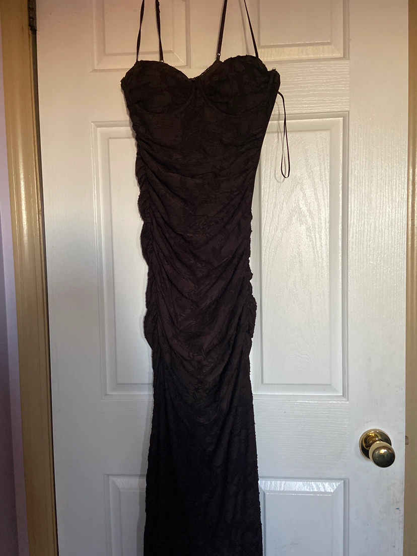 Brown Ruched Lace Dress