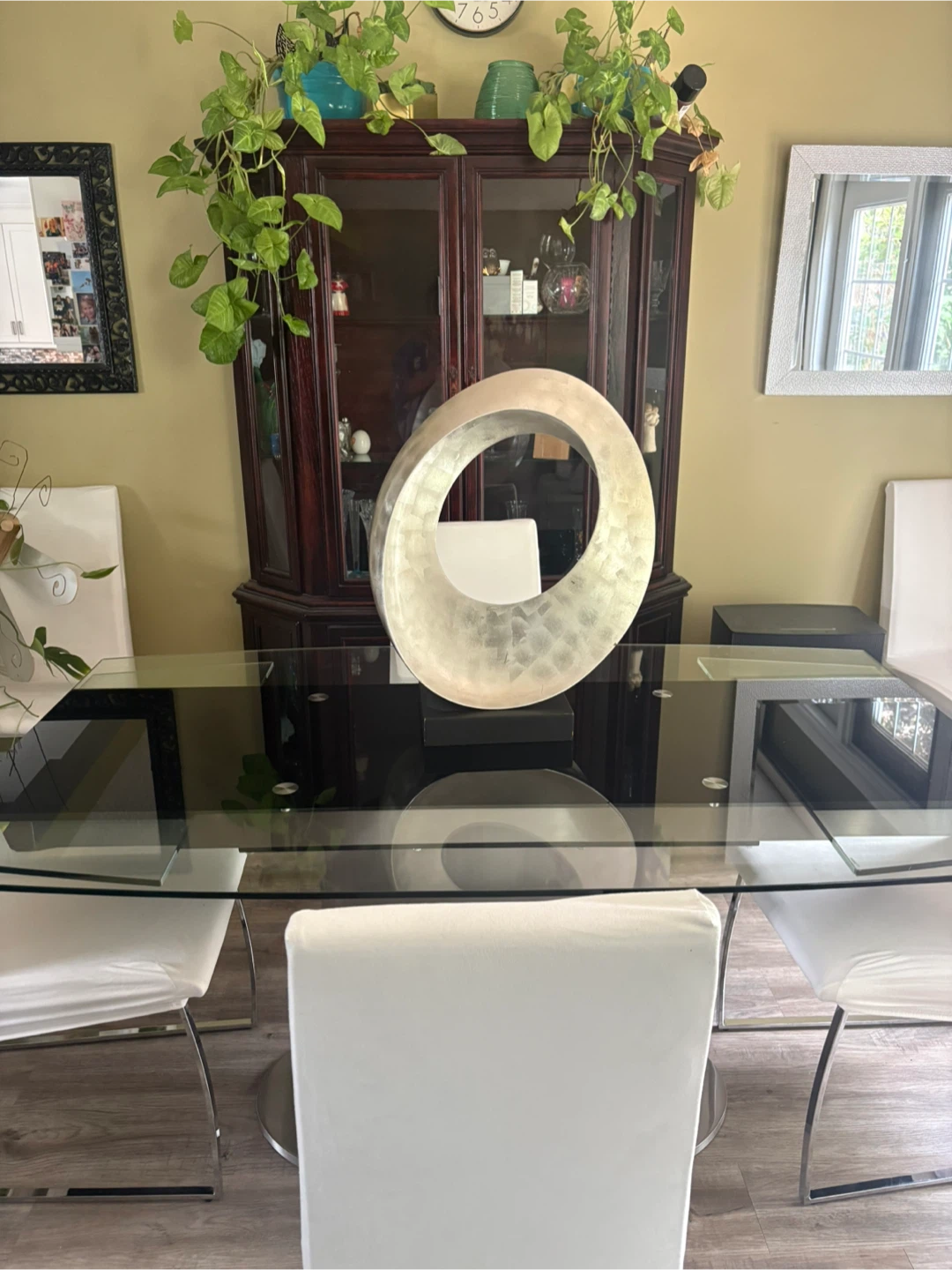 Silver Abstract Loop Sculpture with Black Base