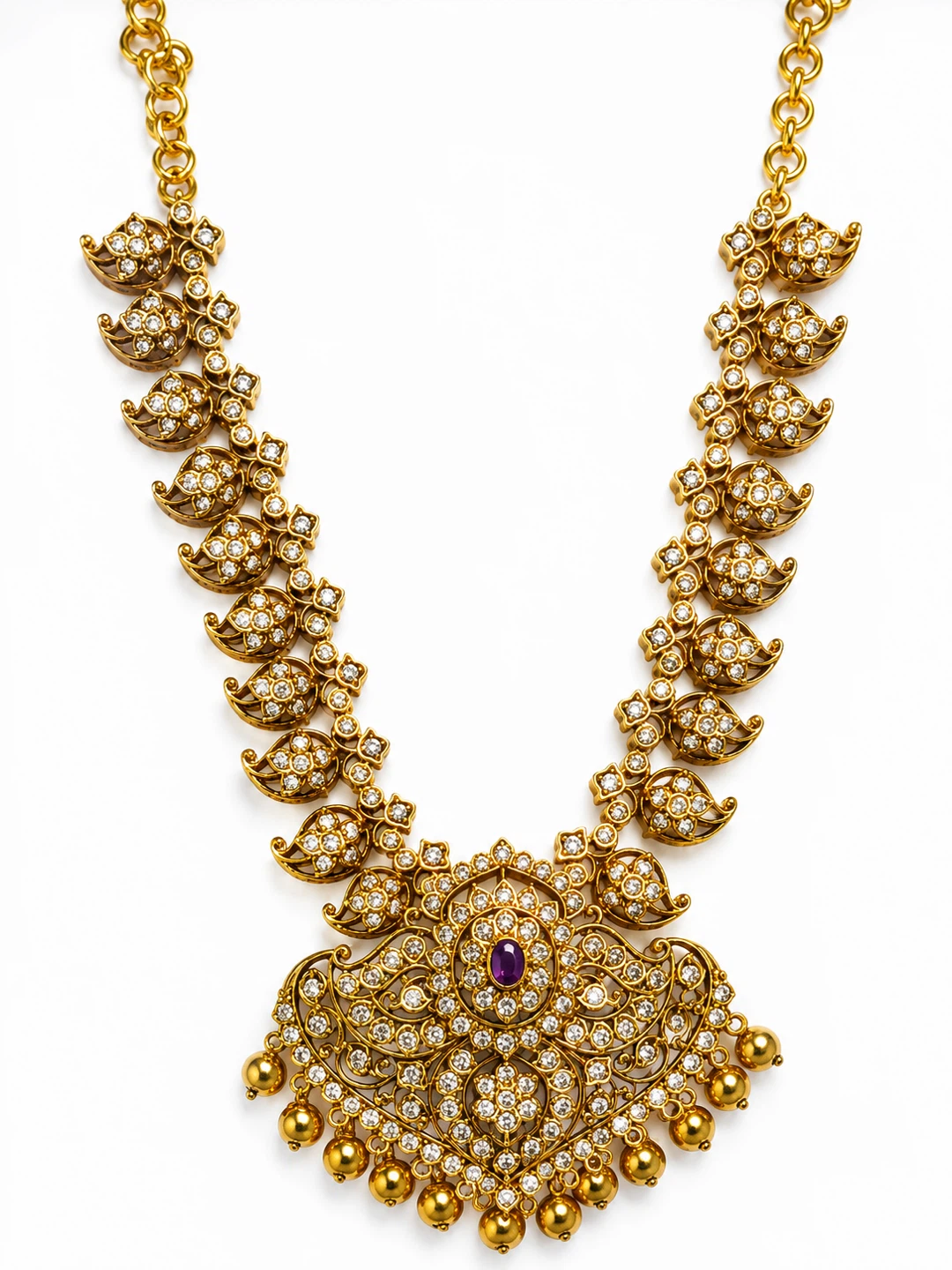 Gold-tone Necklace with White Stones and Purple Gem