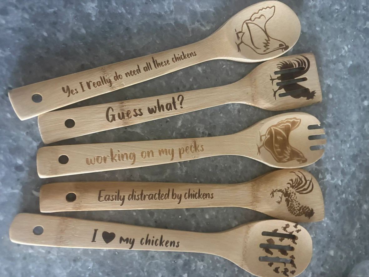 Set of 5 Engraved Bamboo Kitchen Spoons - Chicken Themed