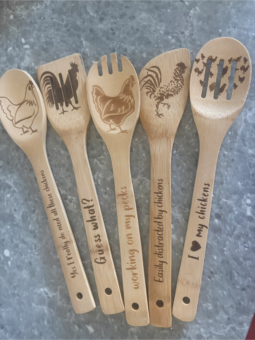 Set of 5 Engraved Bamboo Kitchen Spoons - Chicken Themed - photo 2