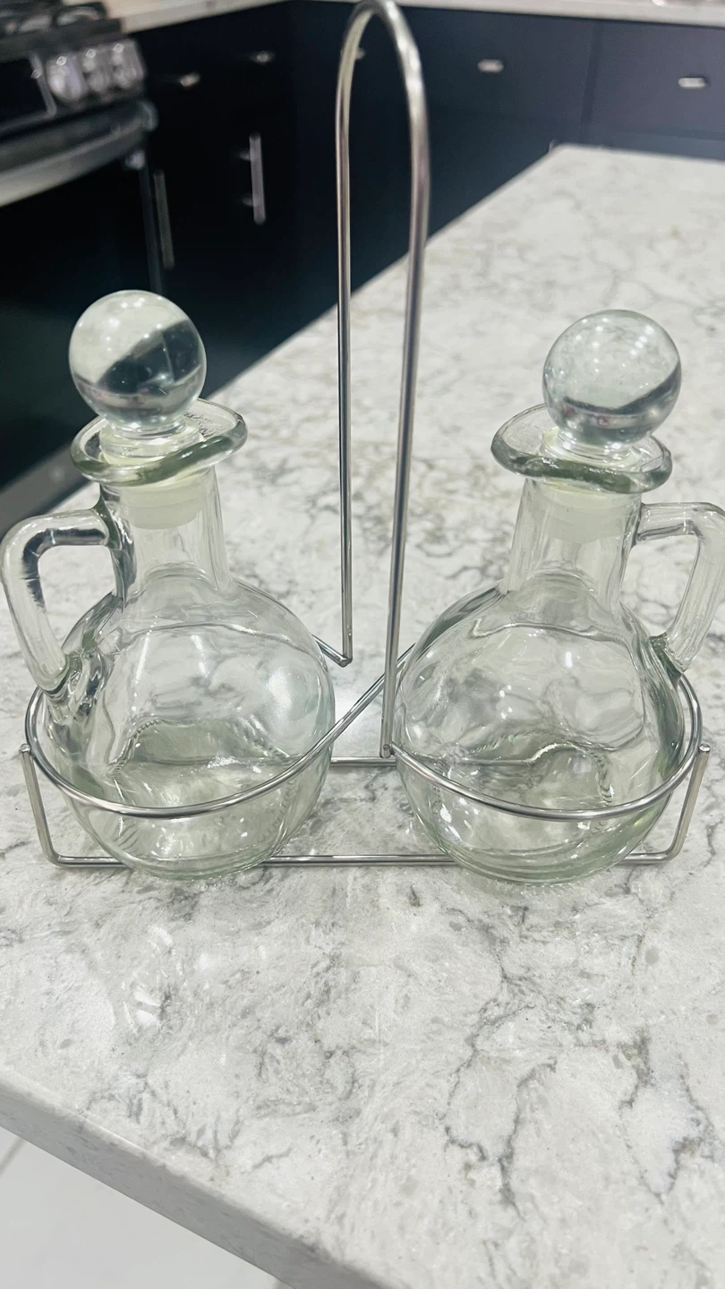 Glass Cruet Set with Metal Stand