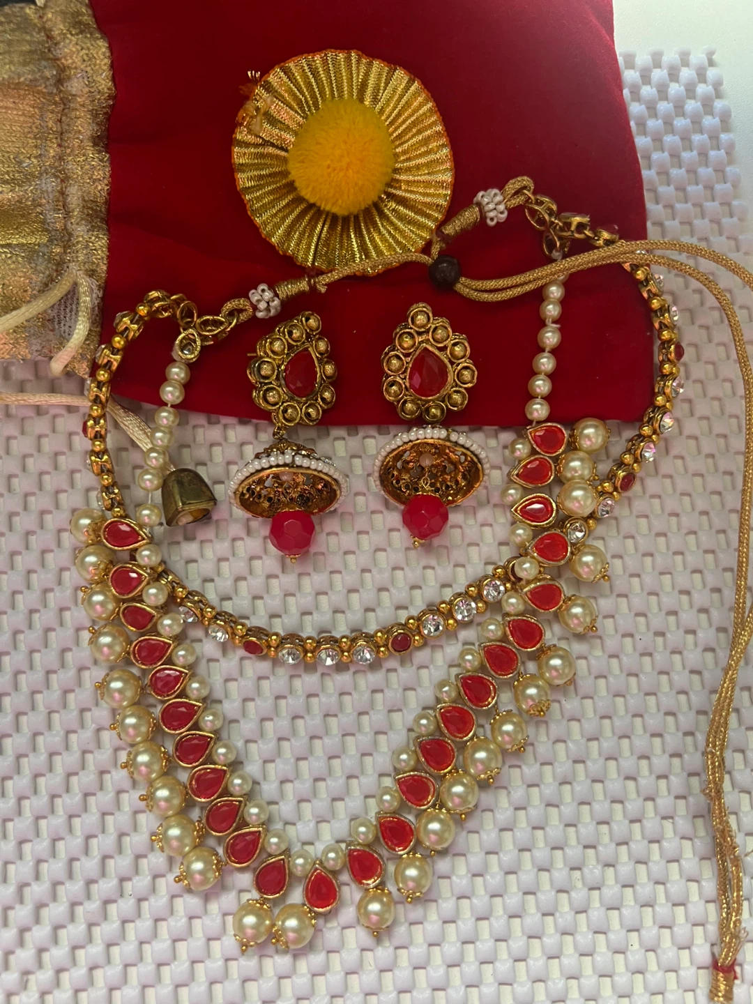 Gold-toned Red and Pearl Necklace Set with Earrings