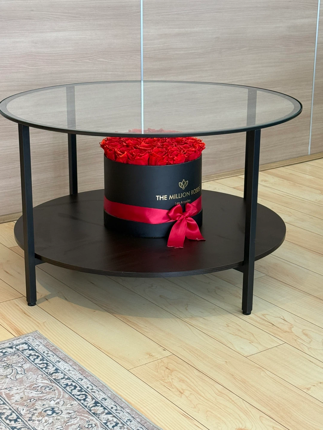 Round Glass Top Coffee Table with Black Shelf