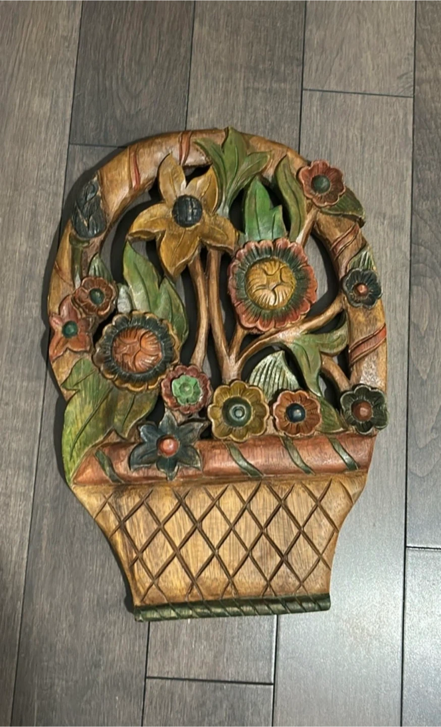 Carved Wooden Wall Art Floral Basket