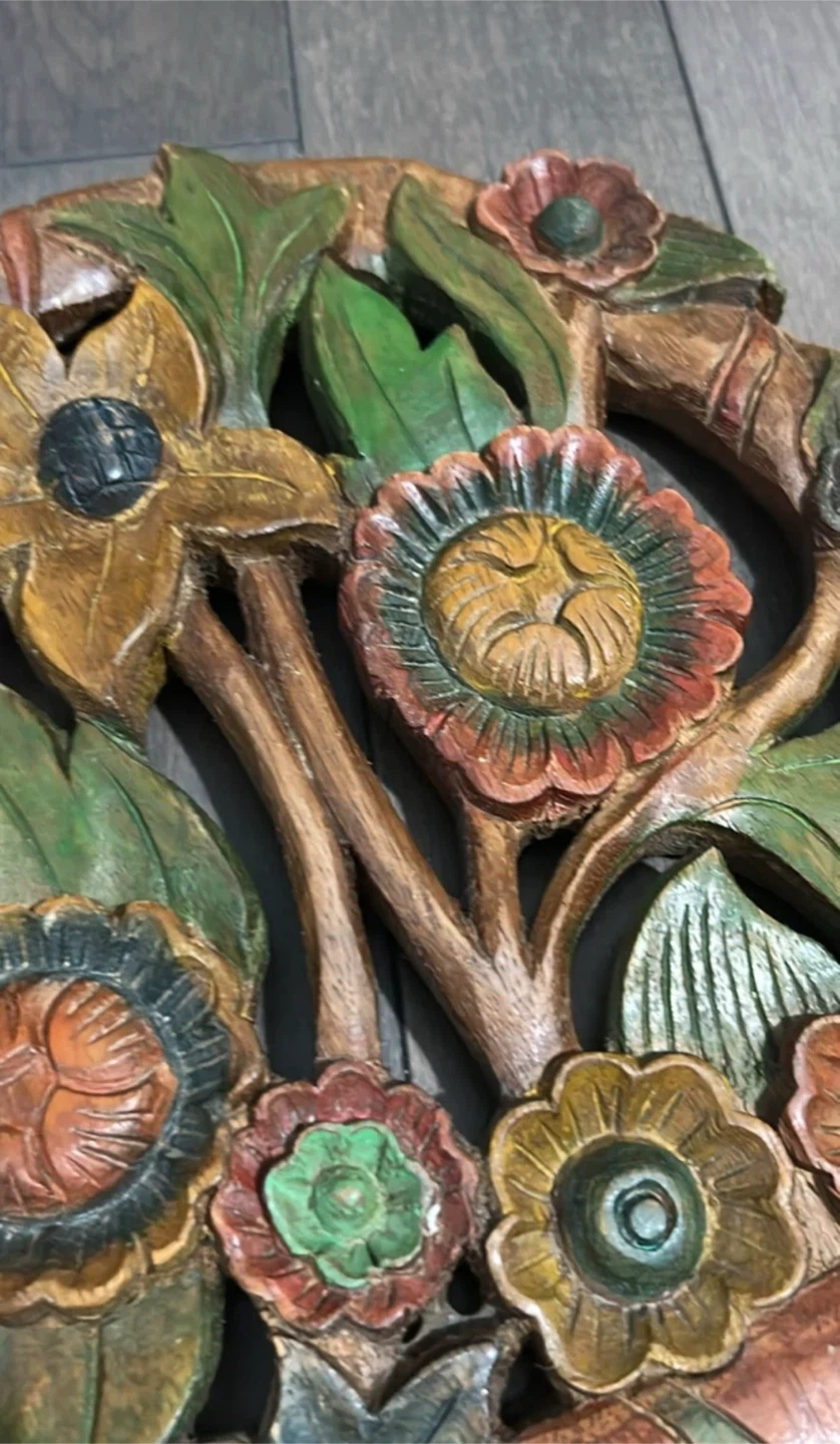 Carved Wooden Wall Art Floral Basket - photo 3