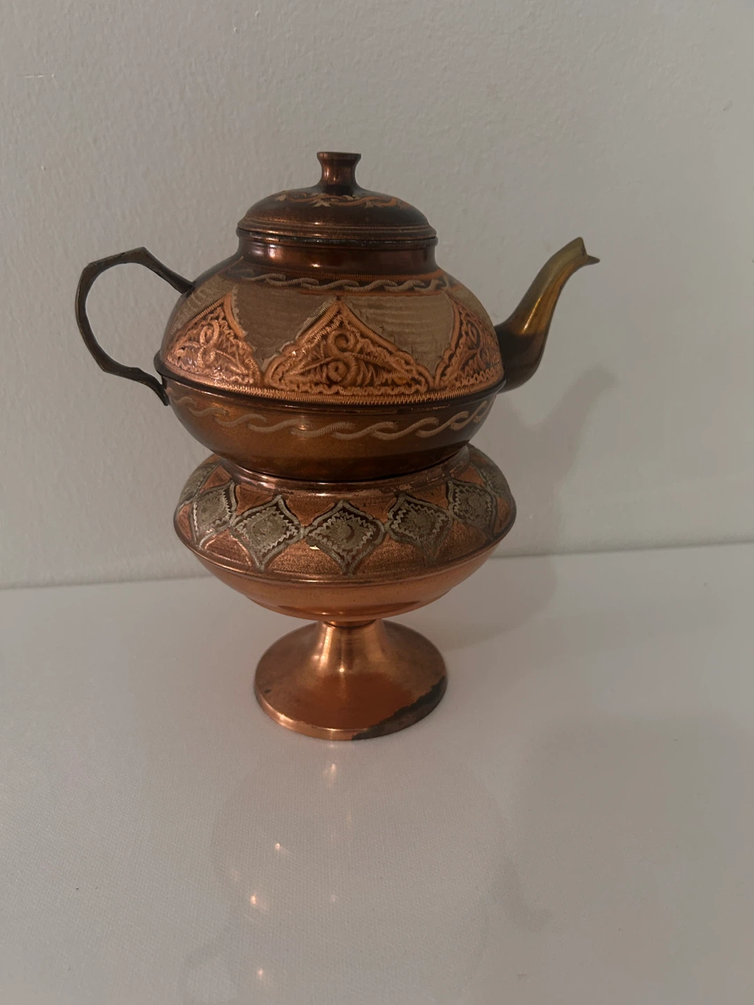 Decorative Copper Teapot and Stand Set