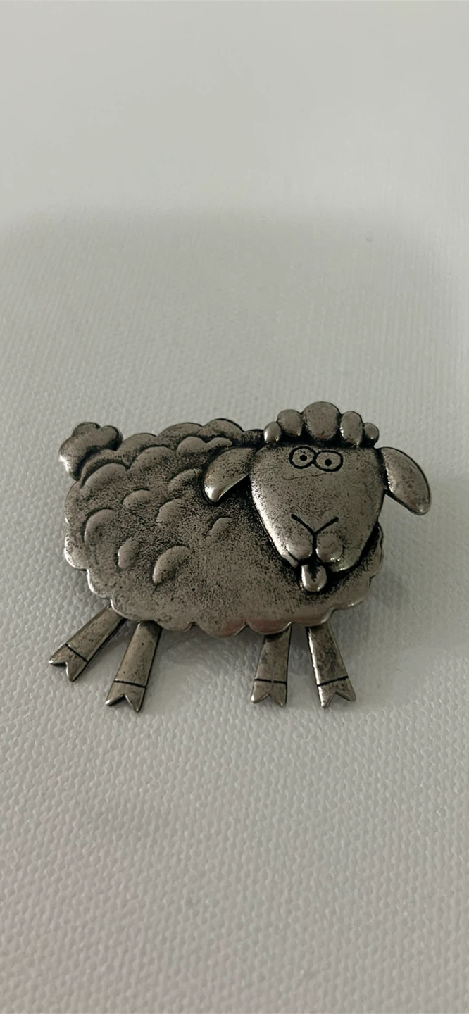 Silver Tone Sheep Pin Brooch with Dangling Ribbons