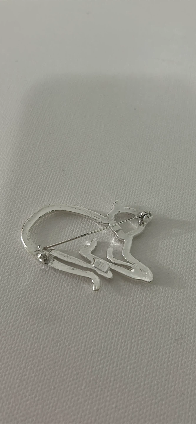 Silver-tone Cat Brooch with Rhinestones - photo 2