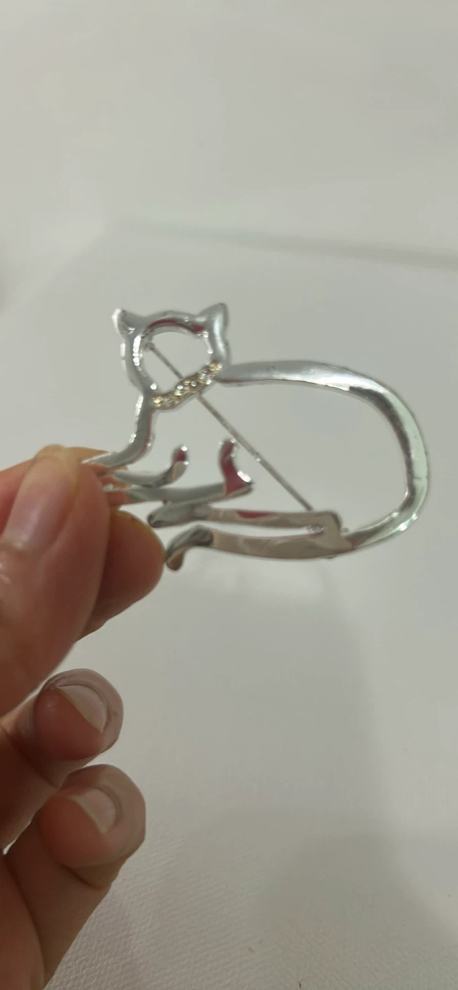 Silver-tone Cat Brooch with Rhinestones - photo 3