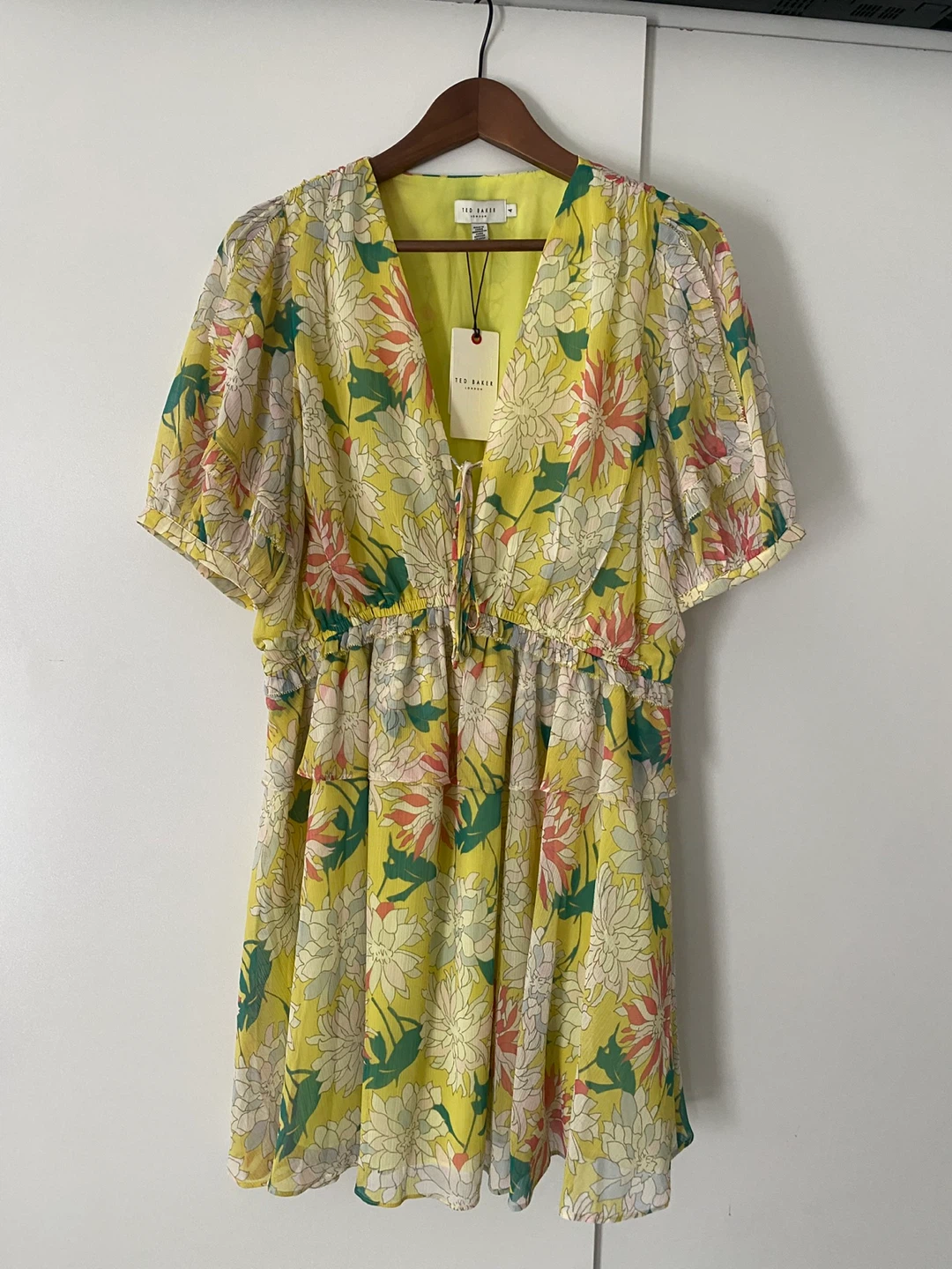 Ted Baker Yellow Floral Mini Dress with Puff Sleeves Size 4 - photo 2