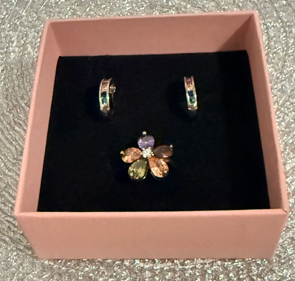 Silver Flower Charm Ring with Earrings Set