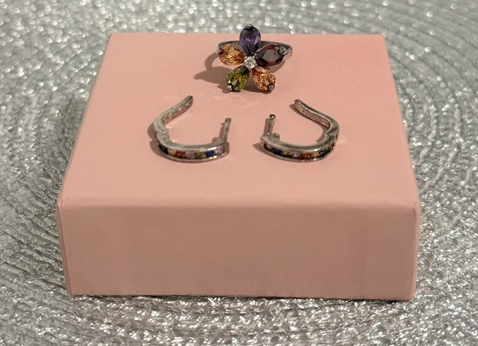 Silver Flower Charm Ring with Earrings Set - photo 2