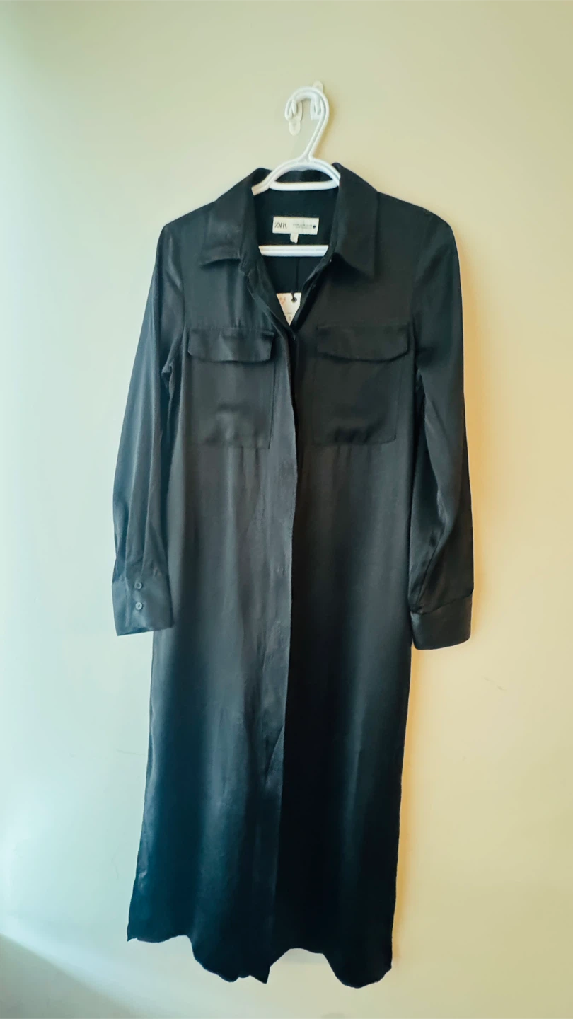 ZARA Black Satin Maxi Shirt Dress