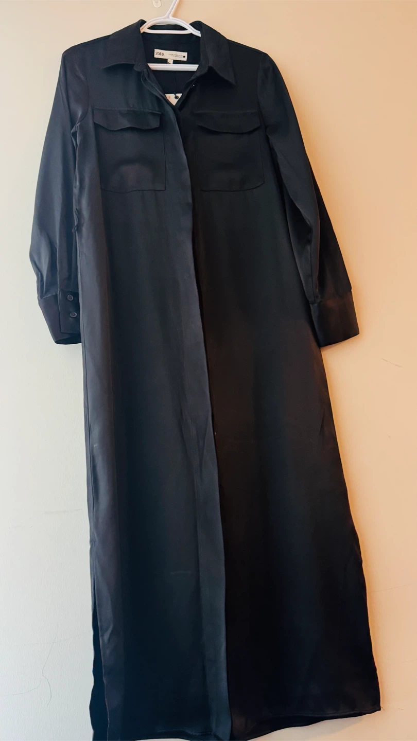 ZARA Black Satin Maxi Shirt Dress - photo 2