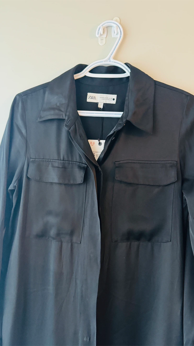 ZARA Black Satin Maxi Shirt Dress - photo 3