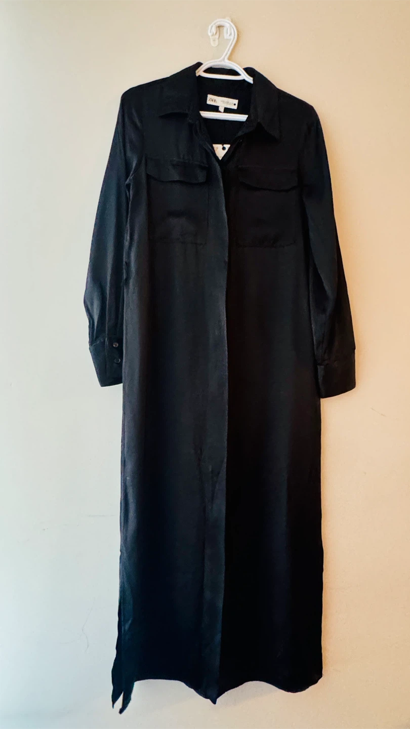 ZARA Black Satin Maxi Shirt Dress - photo 4