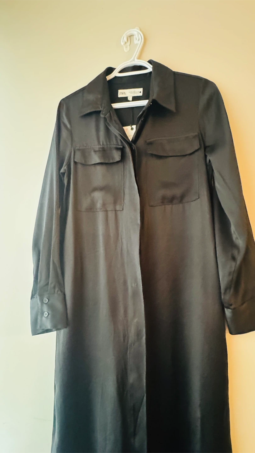 ZARA Black Satin Maxi Shirt Dress - photo 5