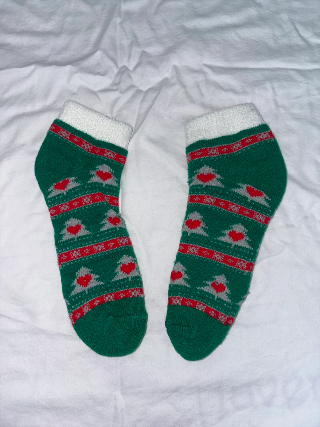 Green Christmas Socks with Trees and Hearts