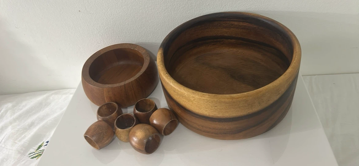 Wooden Salad Bowl and Napkin Rings Set