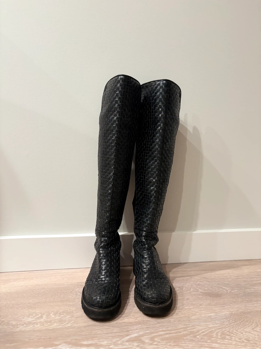 Stuart Weitzman Intrecciato-Style Woven Leather Knee Boots