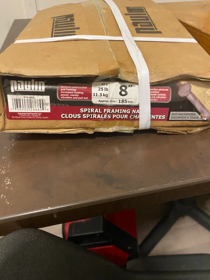 25Lbs box of 8” galvanized spiral framing nails