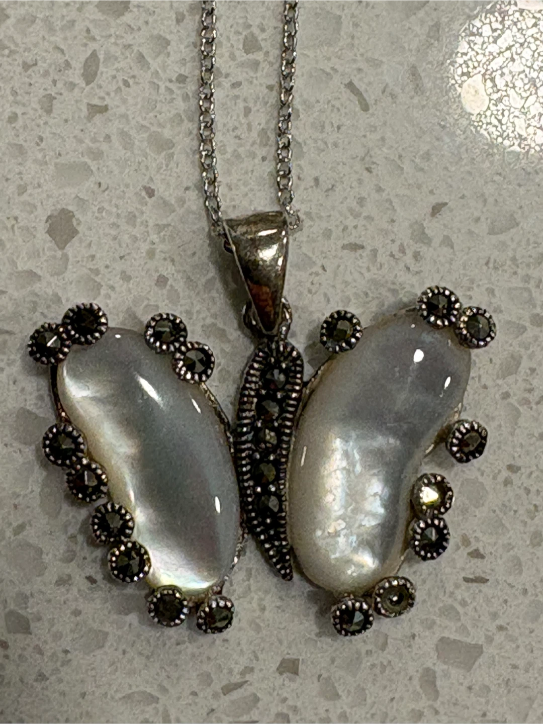 Butterfly Pendant Necklace with Mother of Pearl and Marcasite