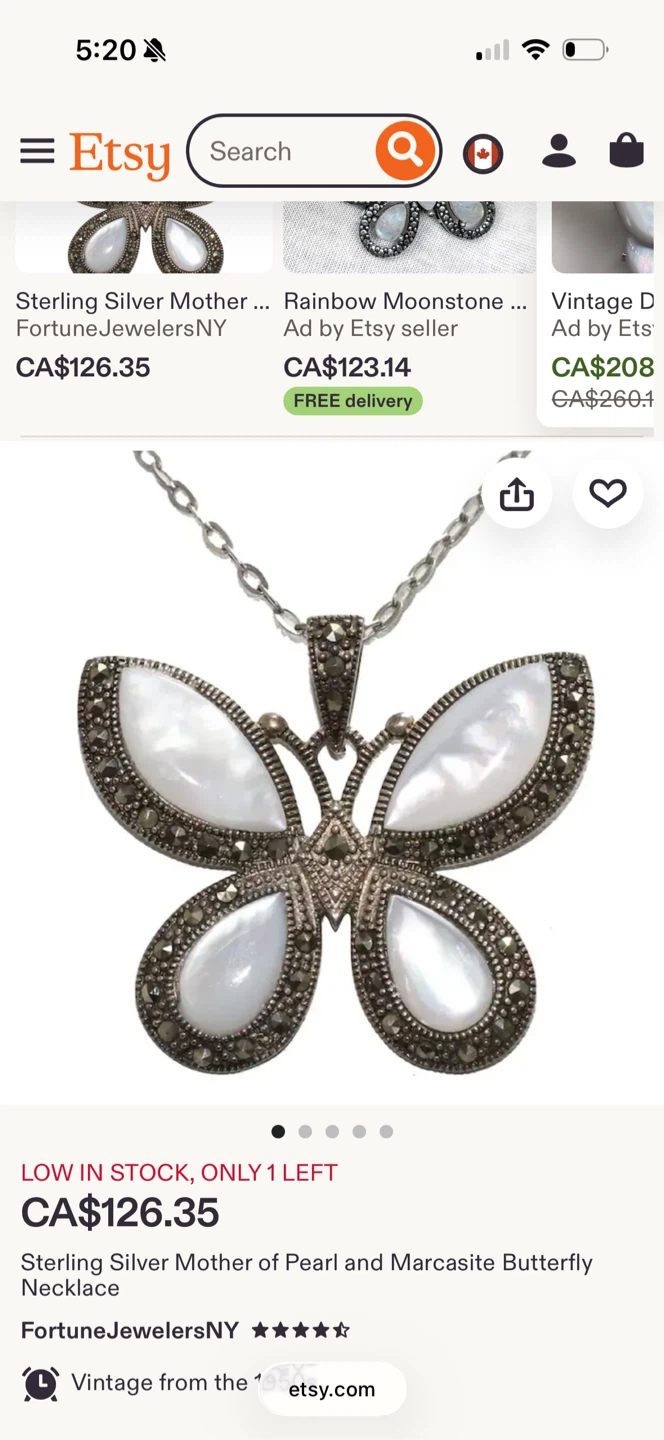 Butterfly Pendant Necklace with Mother of Pearl and Marcasite - photo 2