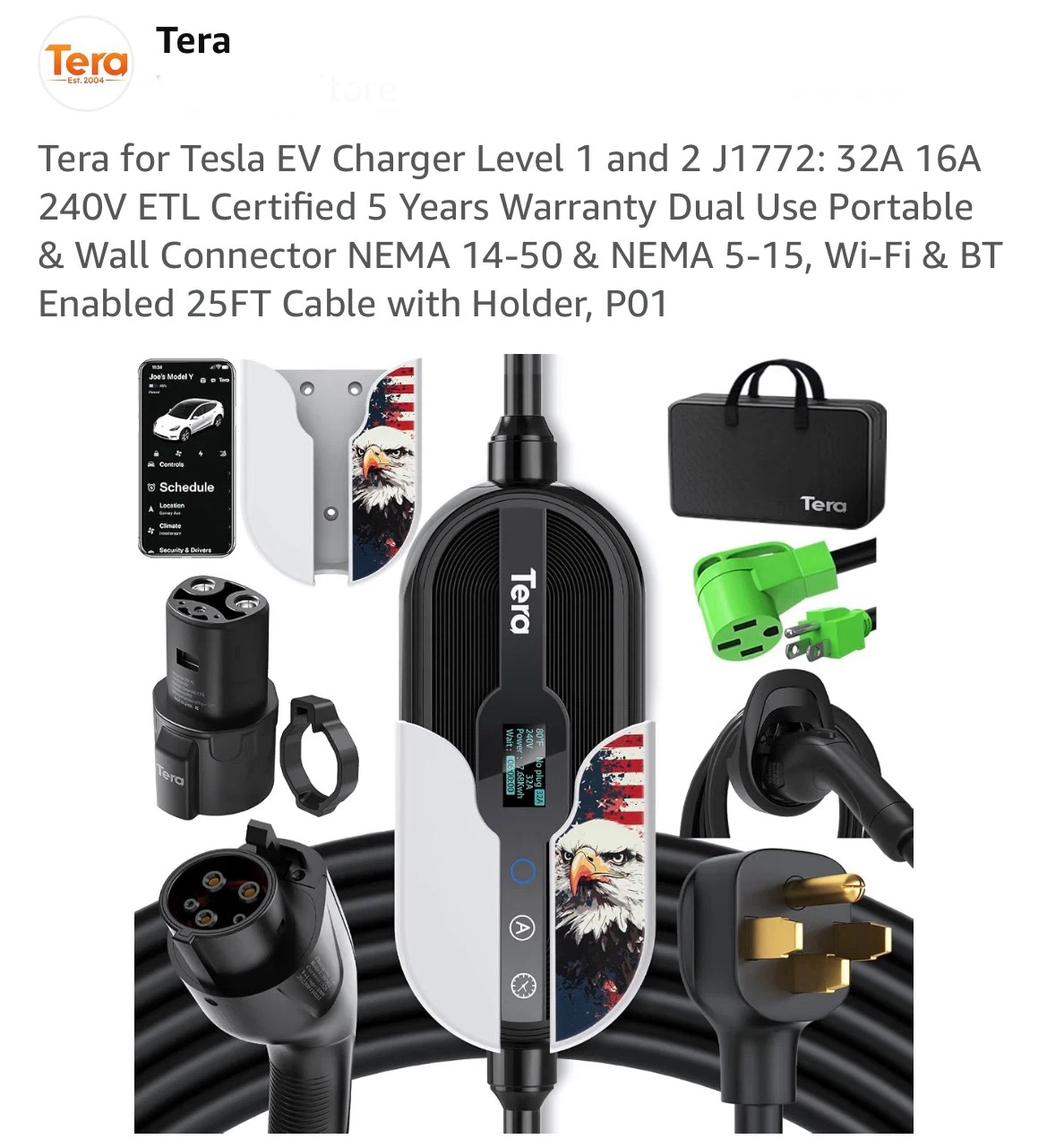 Tera EV Charger Level 1 & 2 - 32A, 240V, 25FT Cable