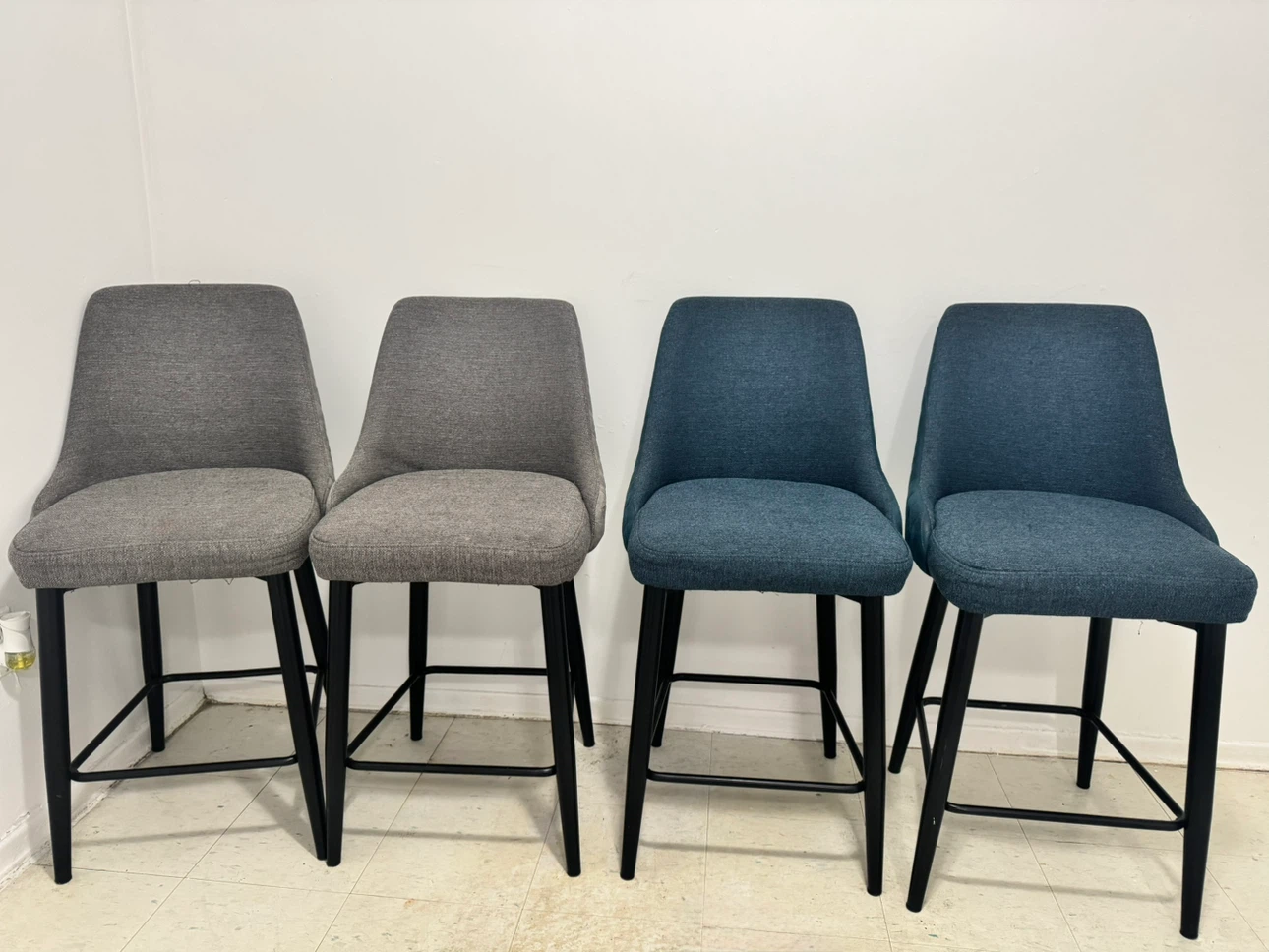 Set of 4 Bar Stools - Grey & Blue
