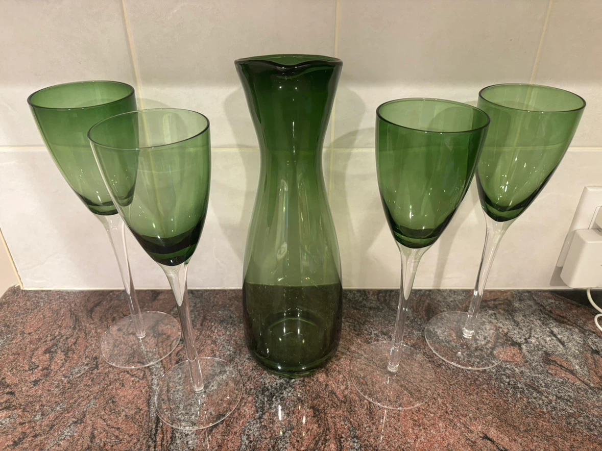 Green Glass Carafe and Wine Glasses Set - photo 2