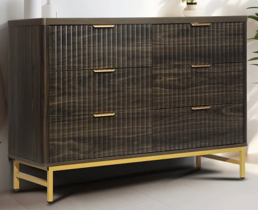 Dark Wood 6-Drawer Dresser with Gold Legs