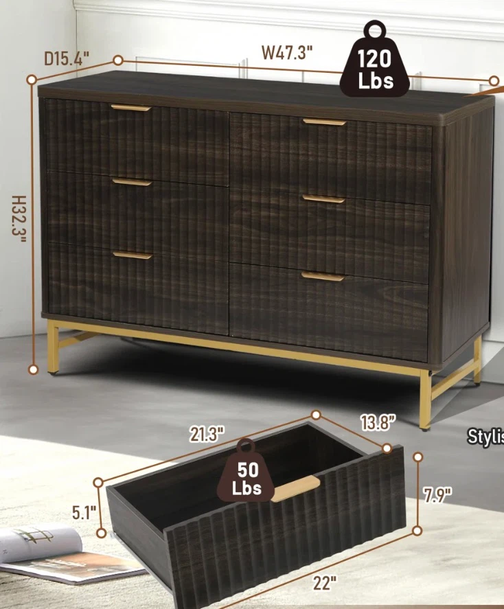Dark Wood 6-Drawer Dresser with Gold Legs - photo 2